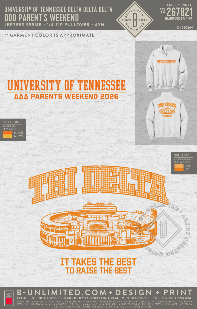 University of Tennessee Delta Delta Delta - DDD Parent's Weekend - Jerzees - 995MR - 1/4 Zip Pullover - Ash