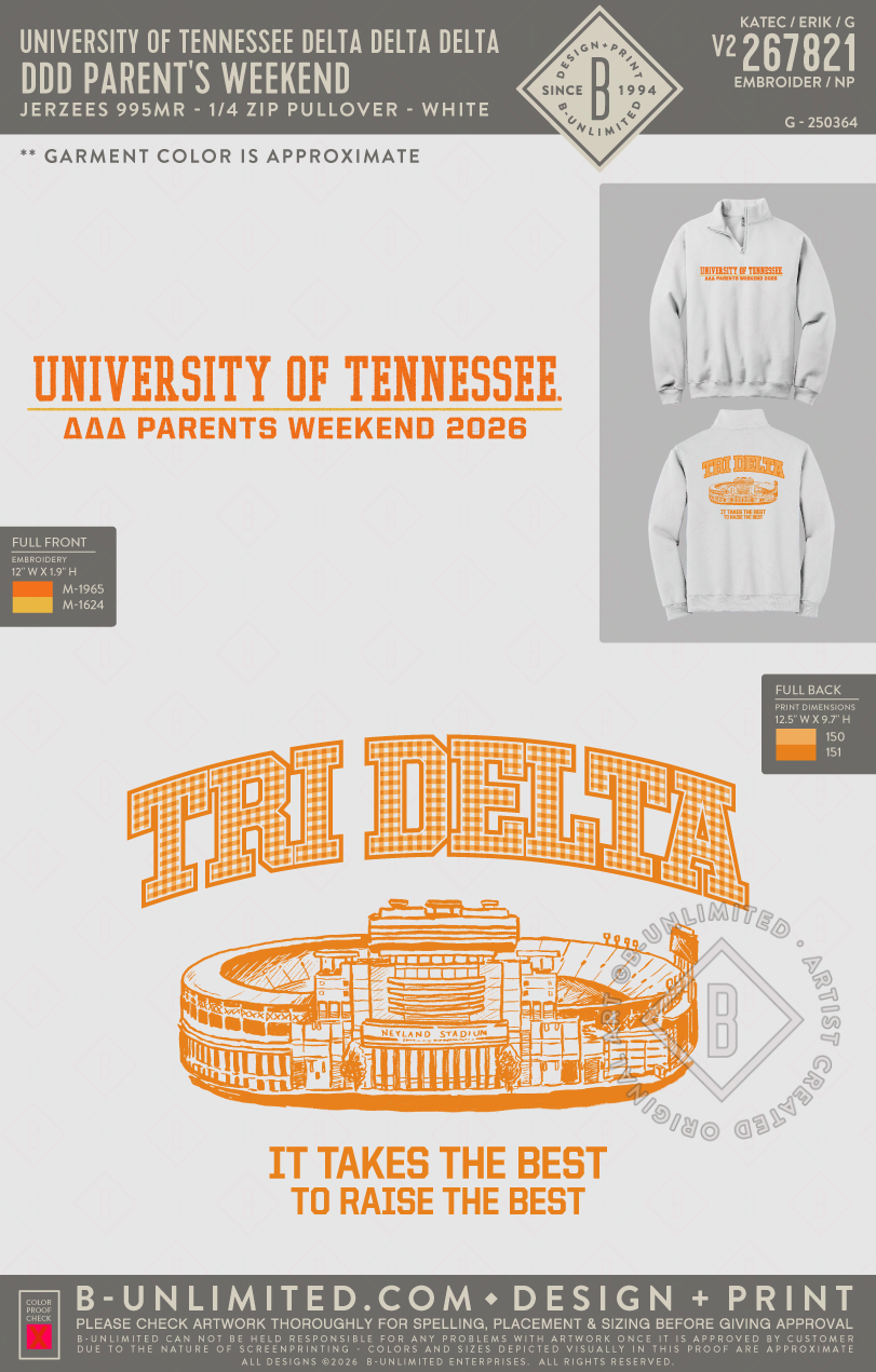University of Tennessee Delta Delta Delta - DDD Parent's Weekend - Jerzees - 995MR - 1/4 Zip Pullover - White
