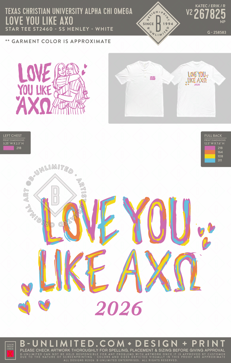 Texas Christian University Alpha Chi Omega - Love You Like AXO - Star Tee - ST2460 - SS Henley - White