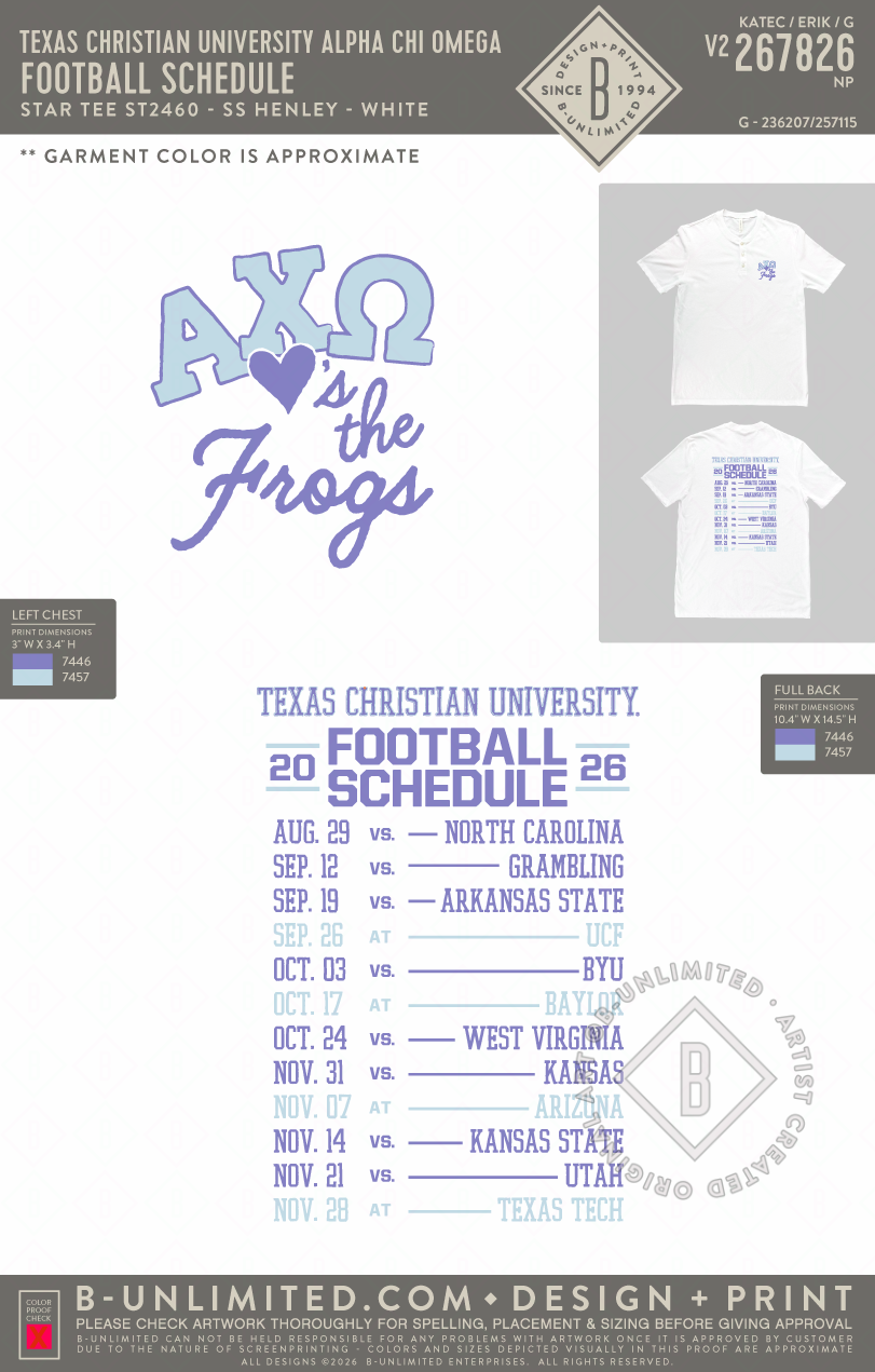 Texas Christian University Alpha Chi Omega - Football Schedule - Star Tee - ST2460 - SS Henley - White