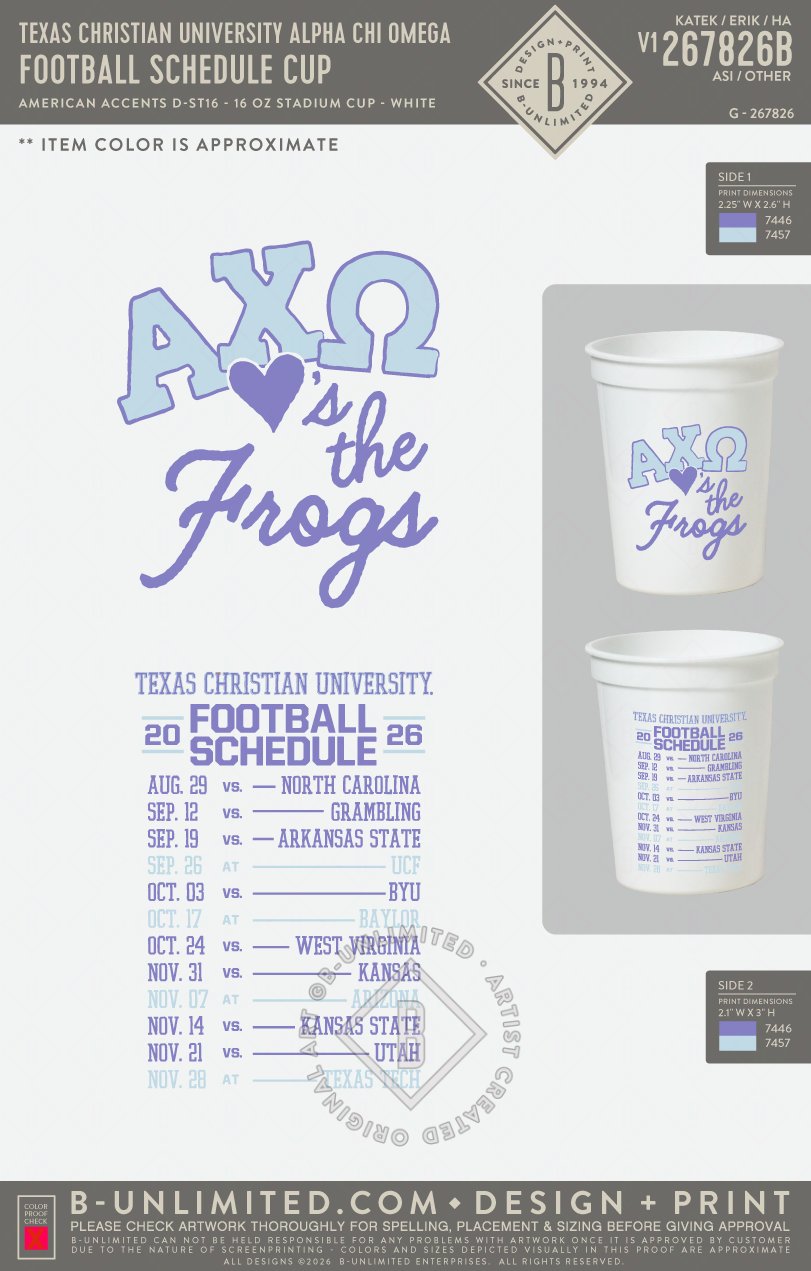 Texas Christian University Alpha Chi Omega - Football Schedule Cup - American Accents - D-ST16 - 16 oz Cup - White
