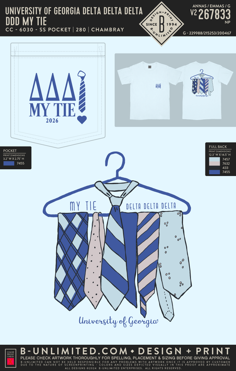 University of Georgia Delta Delta Delta - DDD My Tie - CC - 6030 - SS Pocket - Chambray
