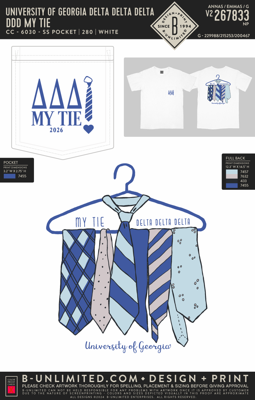 University of Georgia Delta Delta Delta - DDD My Tie - CC - 6030 - SS Pocket - White