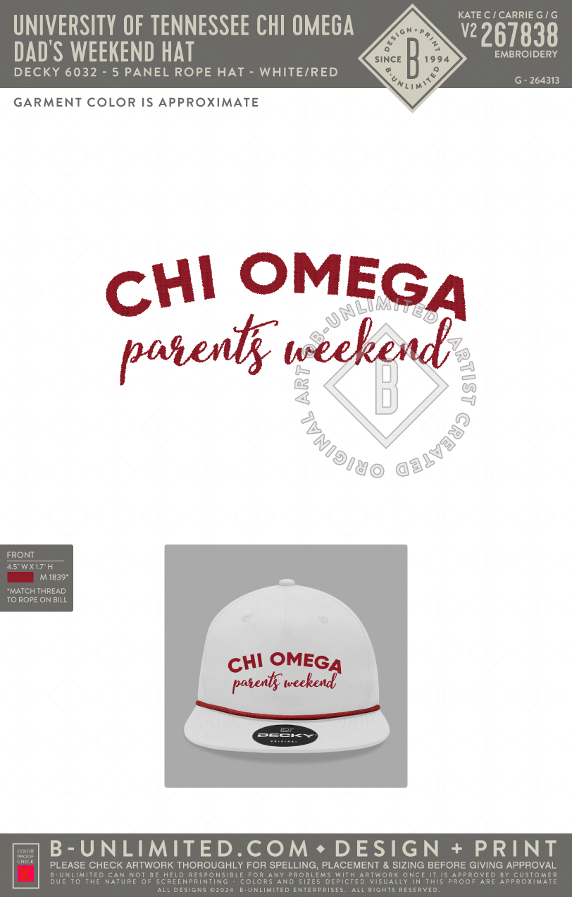University of Tennessee Chi Omega - Dad's Weekend Hat - Decky - 6032 - 5 Panel High Profile Cotton/Poly Blend Rope Hat - White/Red
