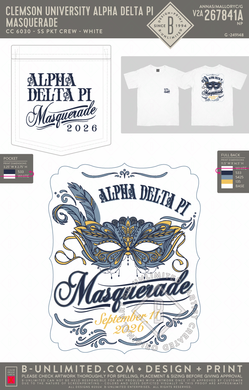 Clemson University Alpha Delta Pi - Masquerade - CC - 6030 - SS Pocket - White