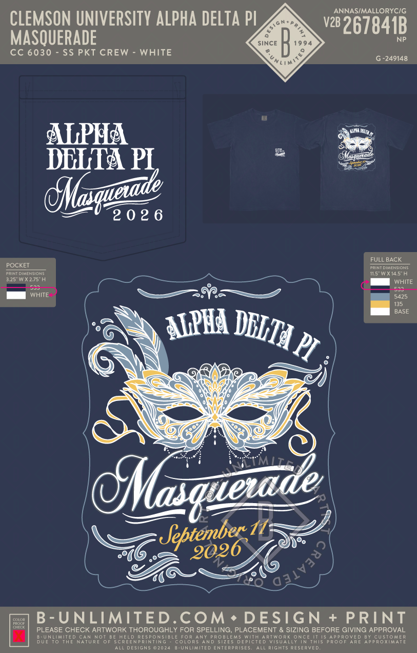 Clemson University Alpha Delta Pi - Masquerade - CC - 6030 - SS Pocket - True Navy