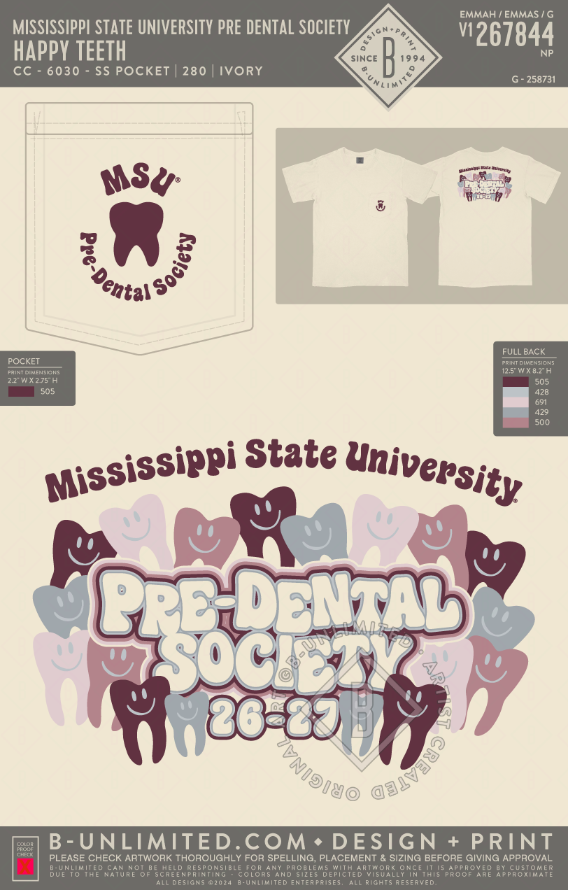 Mississippi State University Pre Dental Society - Happy Teeth - CC - 6030 - SS Pocket - Ivory