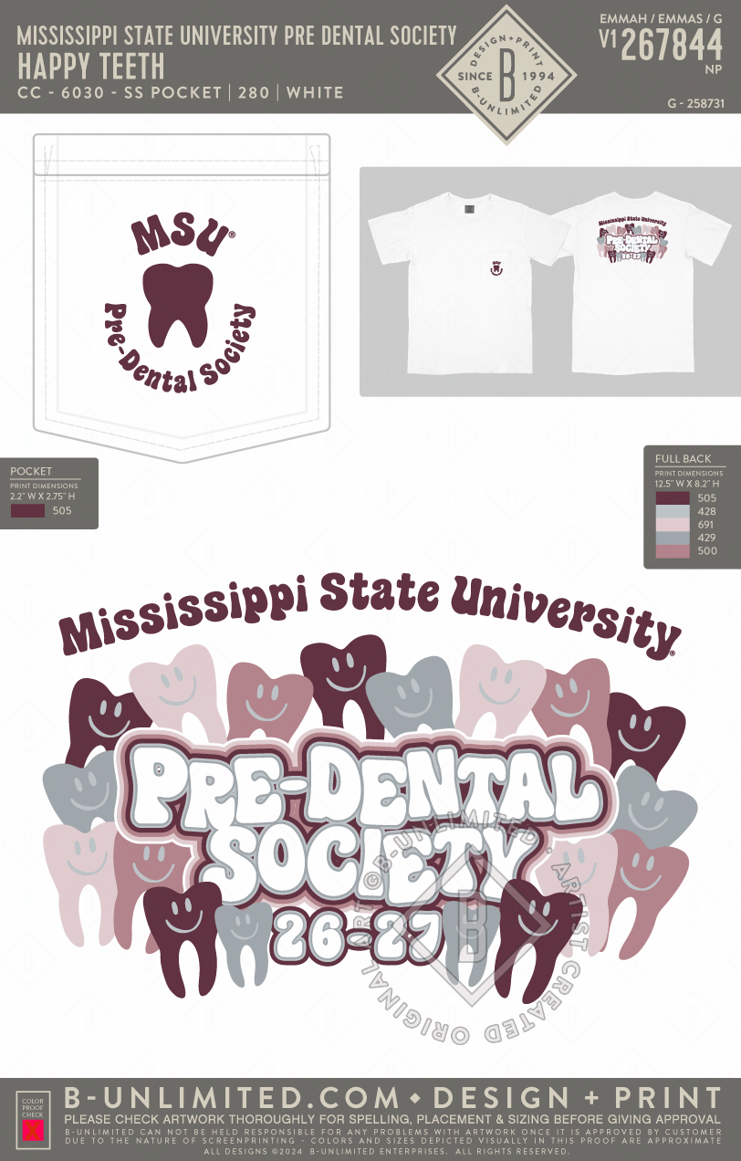 Mississippi State University Pre Dental Society - Happy Teeth - CC - 6030 - SS Pocket - White