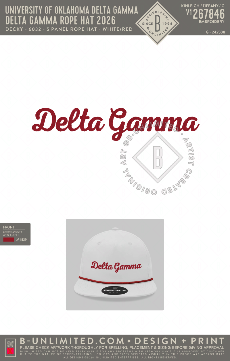 University of Oklahoma Delta Gamma - Delta Gamma Rope Hat 2026 - Decky - 6032 - 5 Panel High Profile Cotton/Poly Blend Rope Hat - White/Red
