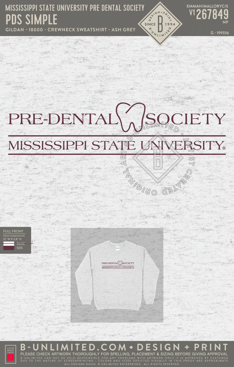 Mississippi State University Pre Dental Society - PDS Simple - Gildan - 18000 - Crewneck Sweatshirt - Ash Grey
