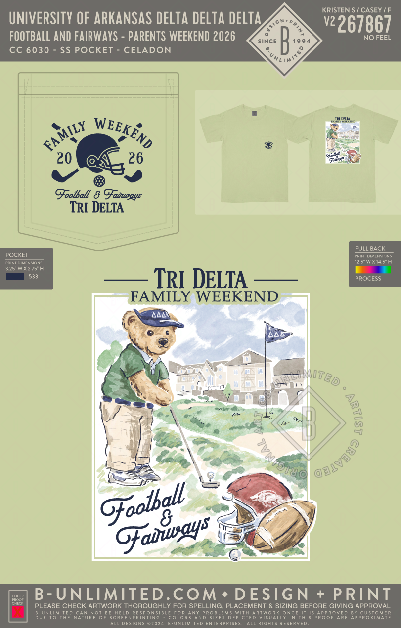 University of Arkansas Delta Delta Delta - Football and Fairways - Parents Weekend 2026 - CC - 6030 - SS Pocket - Celadon