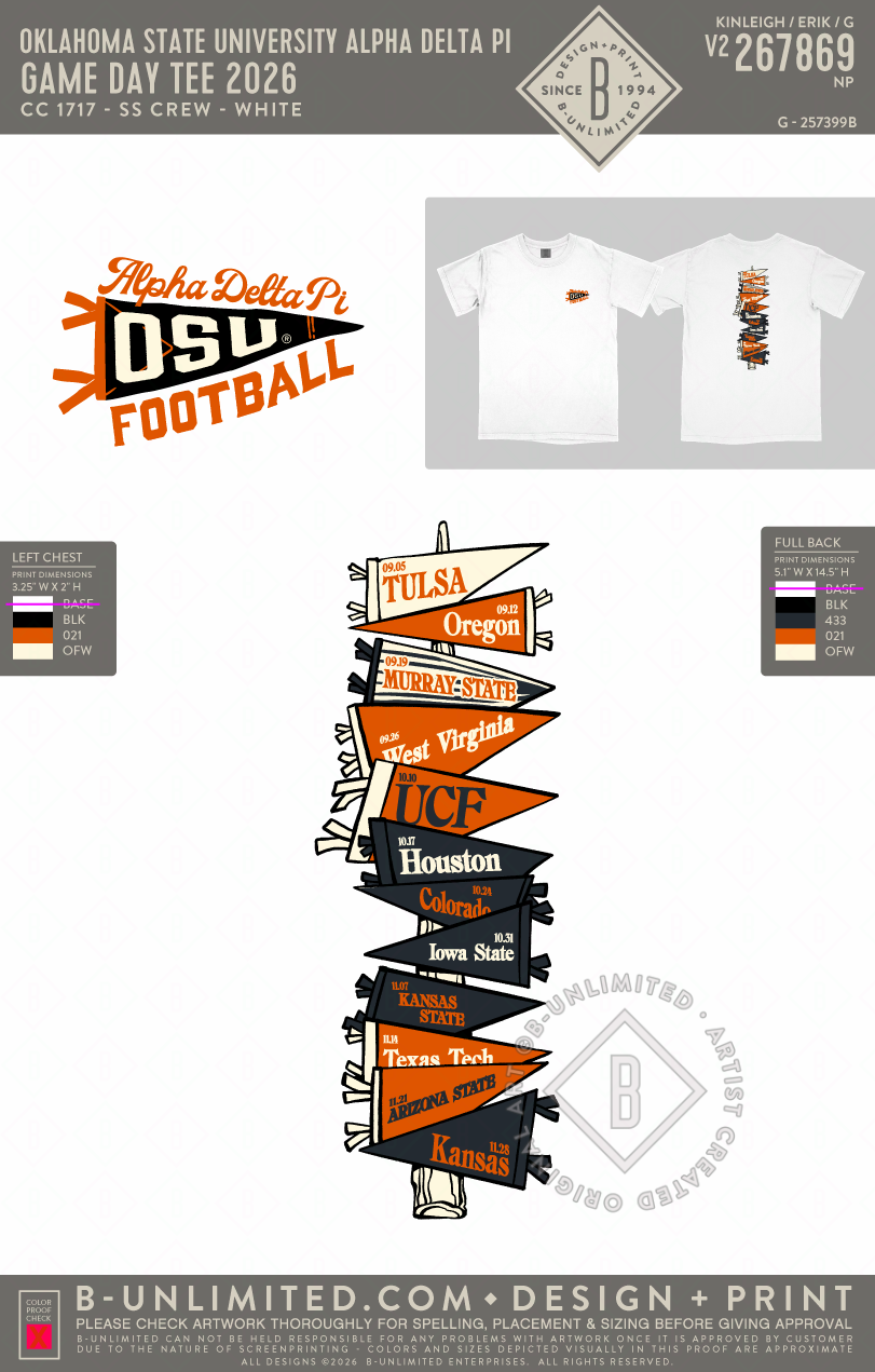 Oklahoma State University Alpha Delta Pi - Game Day Tee 2026 - CC - 1717 - SS Crew - White
