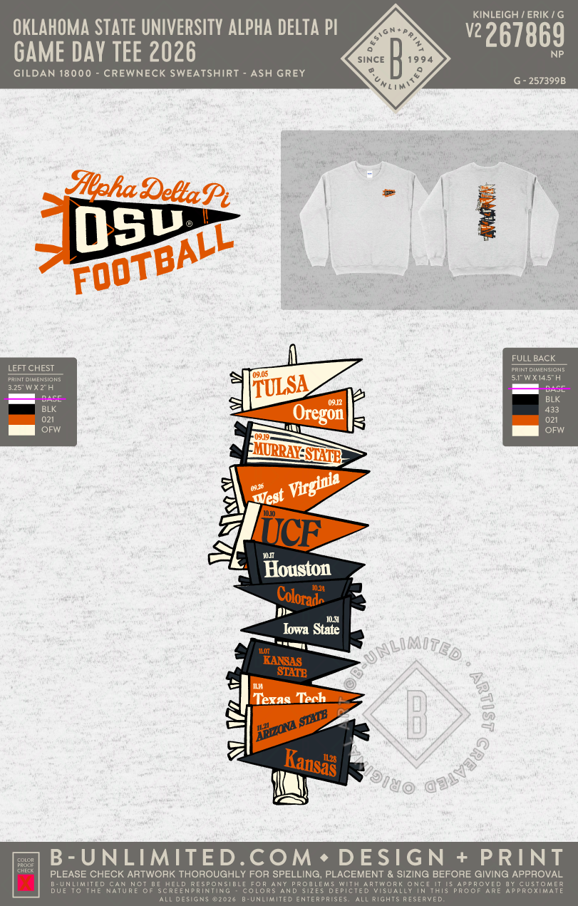 Oklahoma State University Alpha Delta Pi - Game Day Tee 2026 - Gildan - 18000 - Crewneck Sweatshirt - Ash Grey