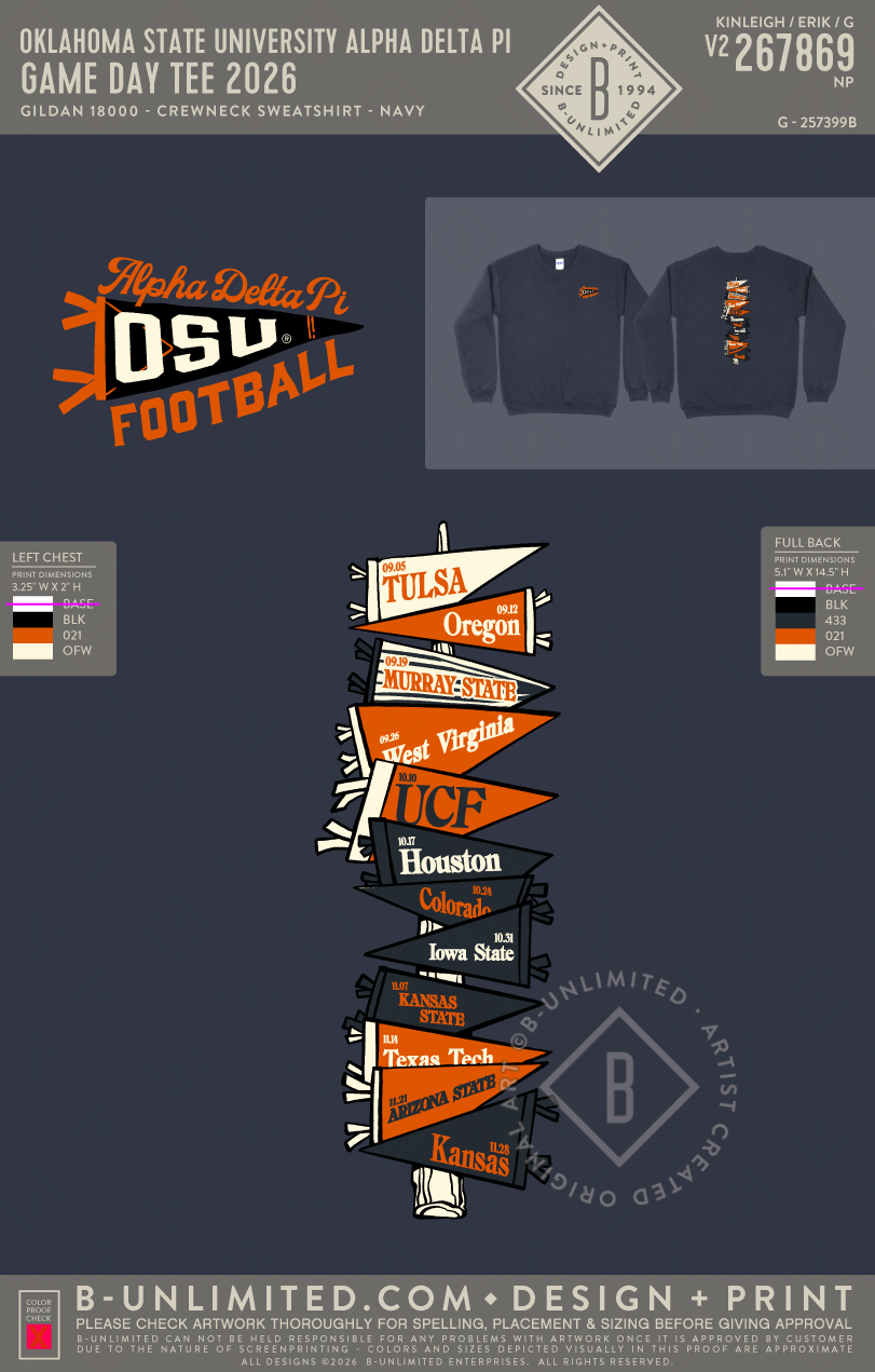 Oklahoma State University Alpha Delta Pi - Game Day Tee 2026 - Gildan - 18000 - Crewneck Sweatshirt - Navy