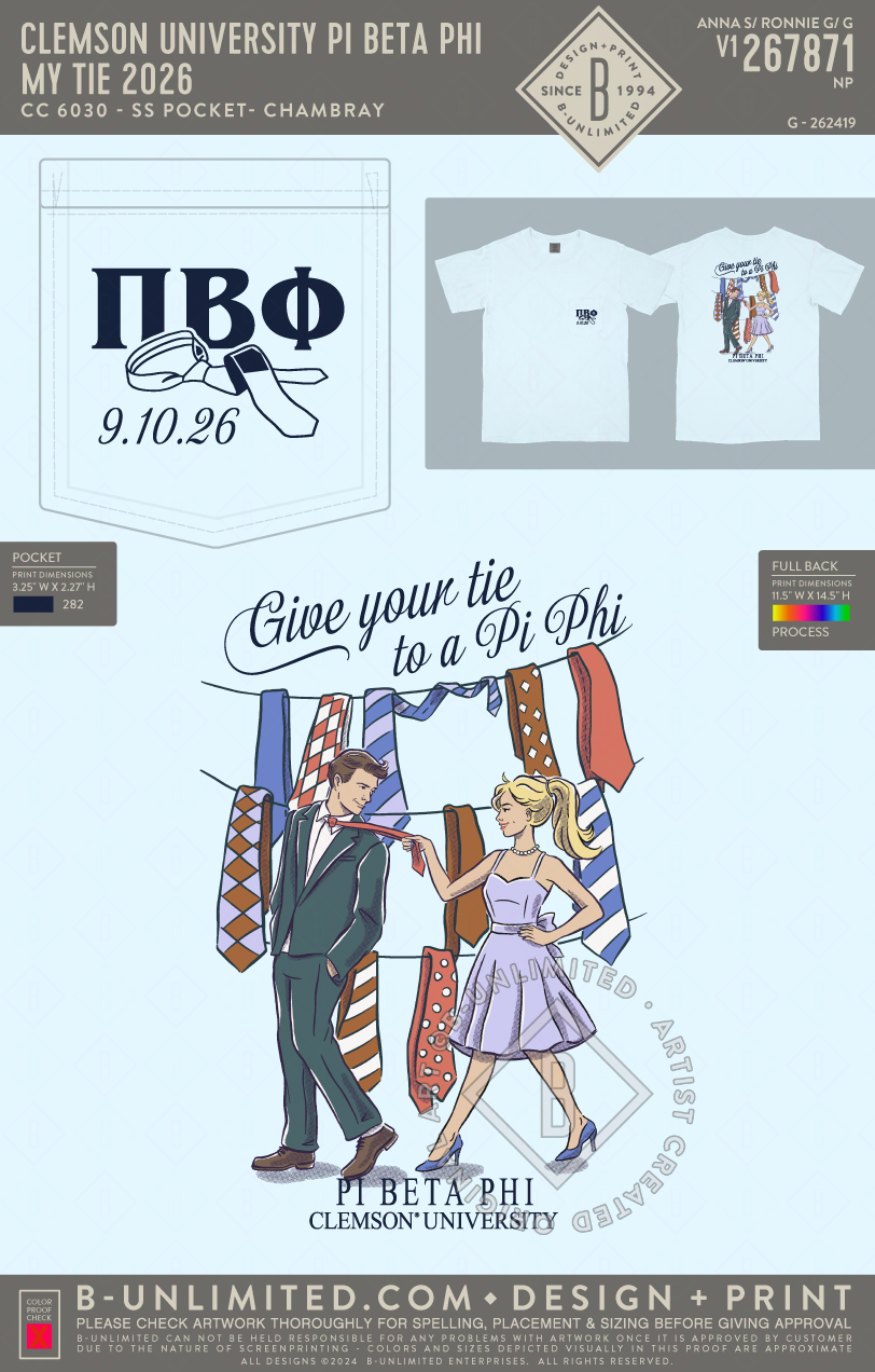 Clemson University Pi Beta Phi - My Tie 2026 - CC - 6030 - SS Pocket - Chambray