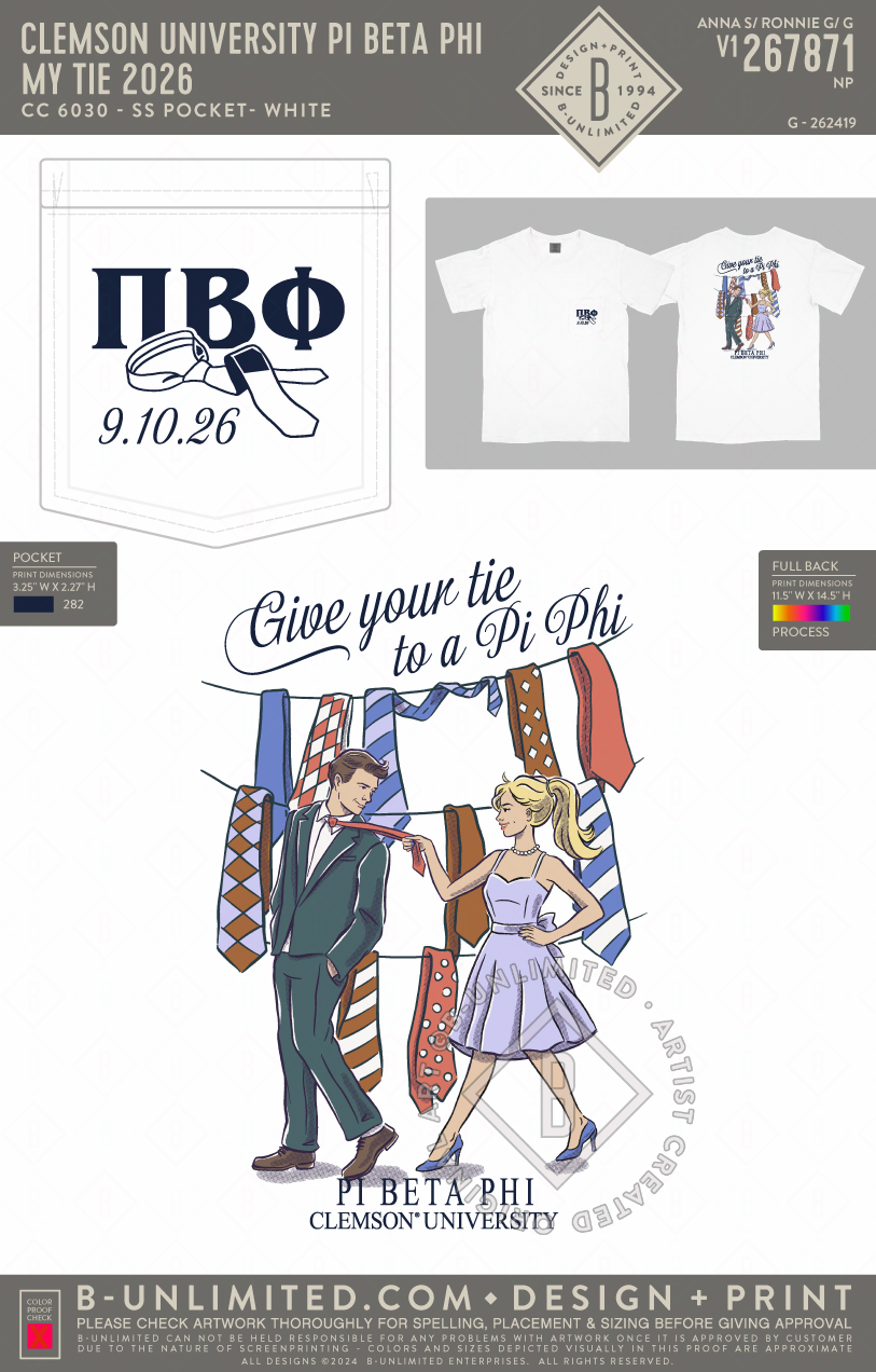 Clemson University Pi Beta Phi - My Tie 2026 - CC - 6030 - SS Pocket - White