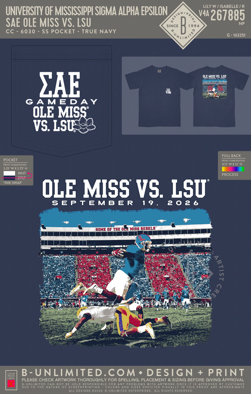 University of Mississippi Sigma Alpha Epsilon - SAE Ole Miss vs. LSU - CC - 6030 - SS Pocket - True Navy