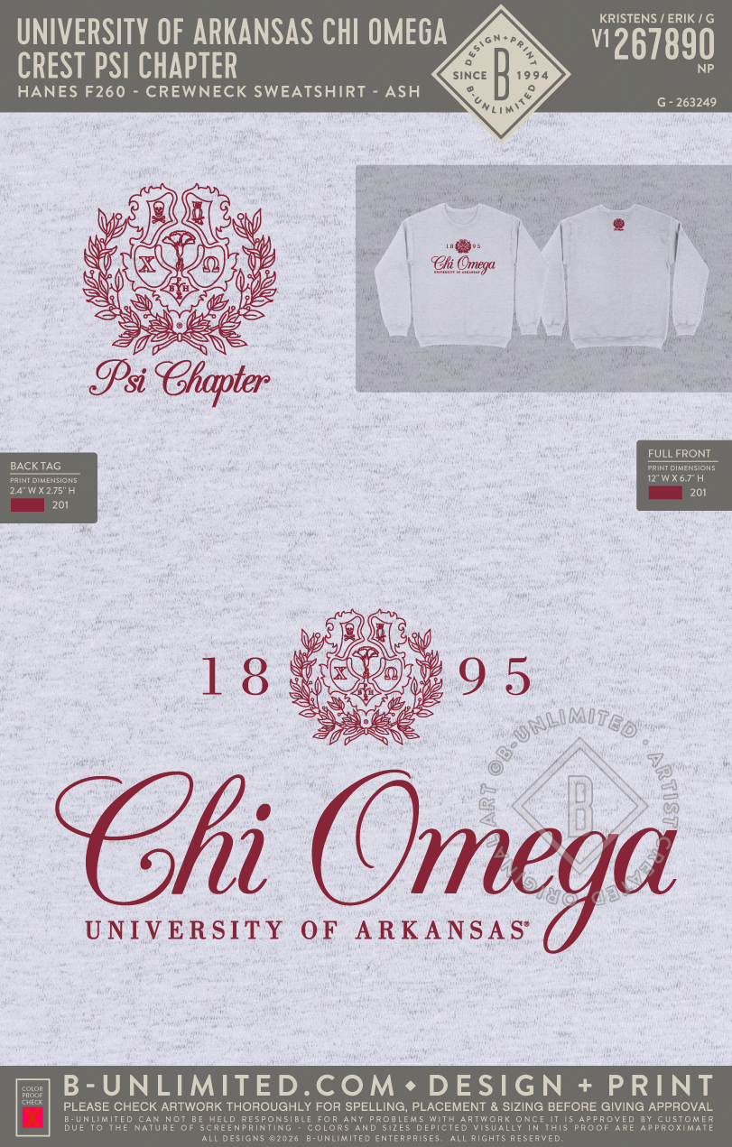 University of Arkansas Chi Omega - Crest Psi Chapter - Hanes - F260 - Sweatshirt - Ash