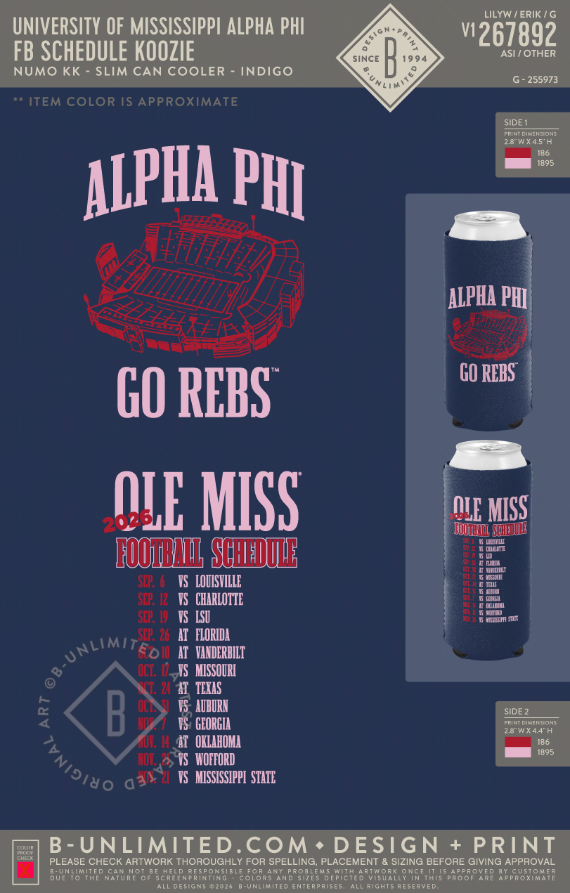 University of Mississippi Alpha Phi - FB Schedule Koozie - Numo - 1080 - Slim Can Cooler - Indigo