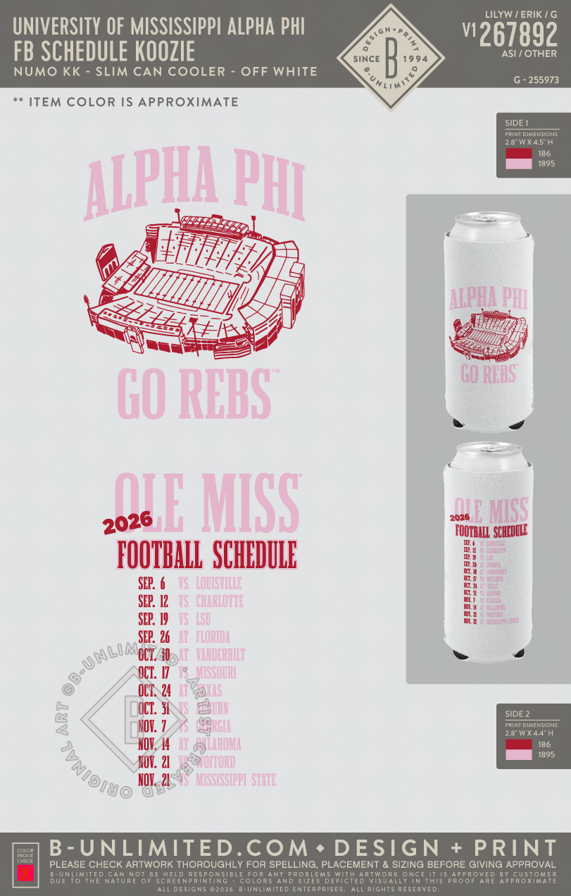 University of Mississippi Alpha Phi - FB Schedule Koozie - Numo - 1080 - Slim Can Cooler - White