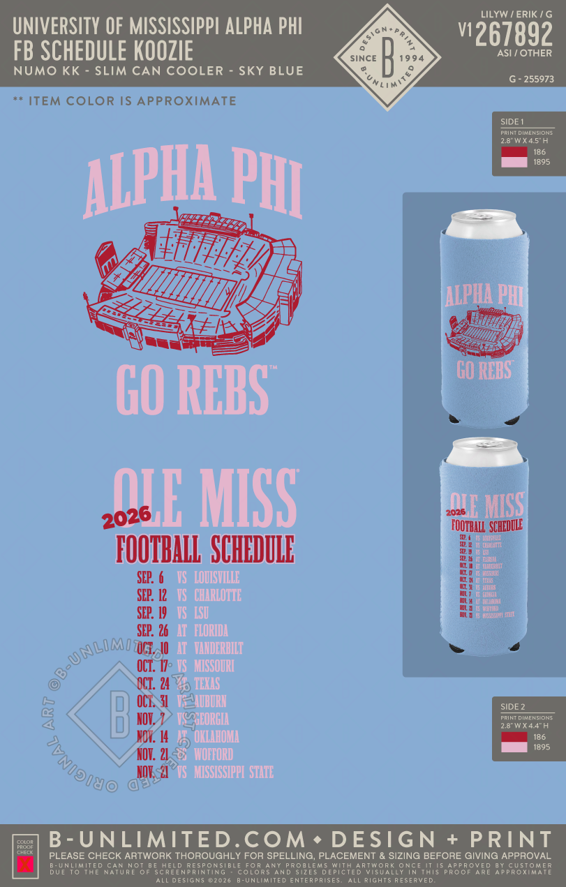 University of Mississippi Alpha Phi - FB Schedule Koozie - Numo - 1080 - Slim Can Cooler - Sky Blue