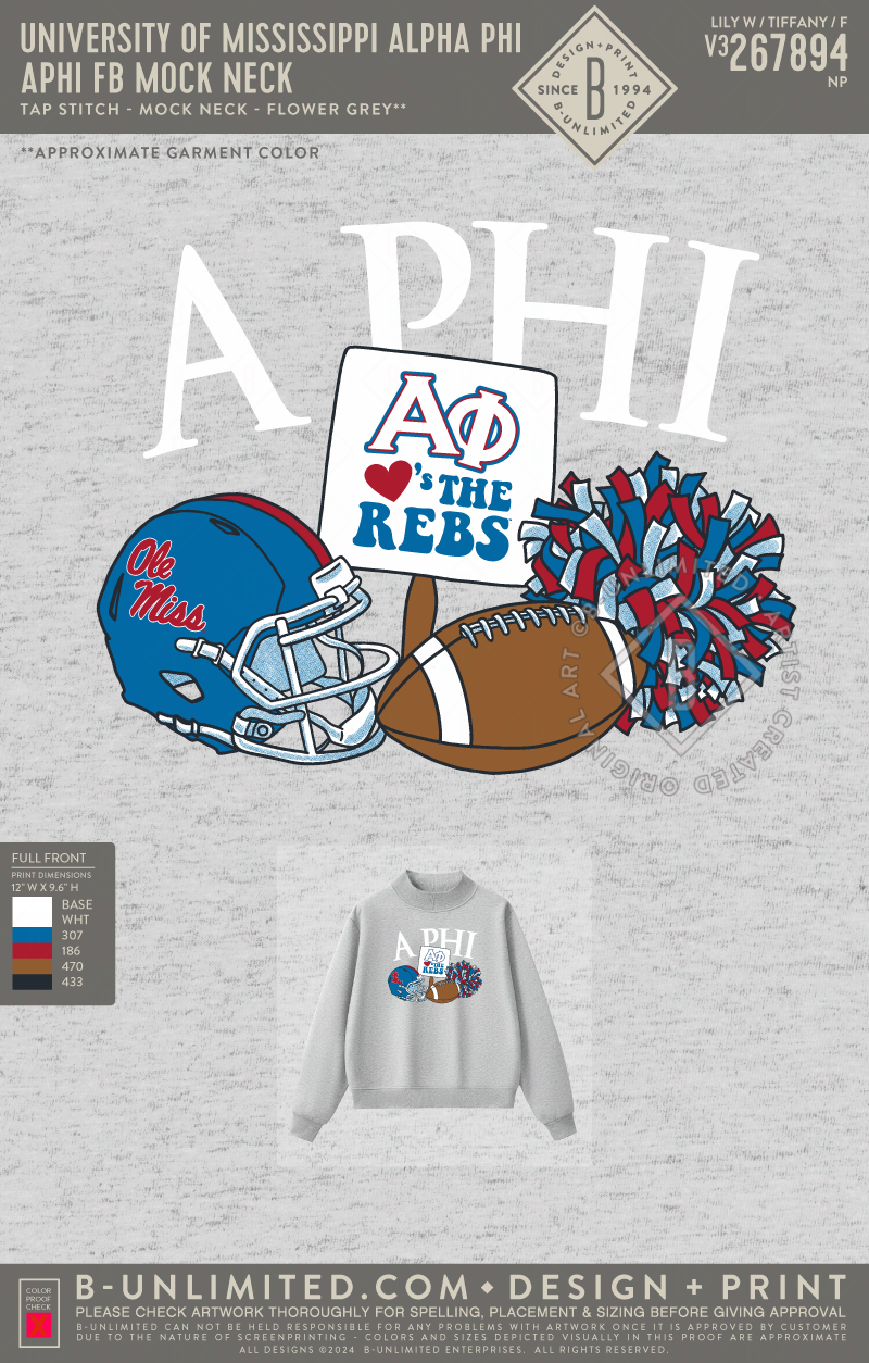 University of Mississippi Alpha Phi - APHI FB Mock Neck - Tap Stitch - WW0004-P001-V2 - Mockneck Crewneck Sweatshirt - Flower Grey