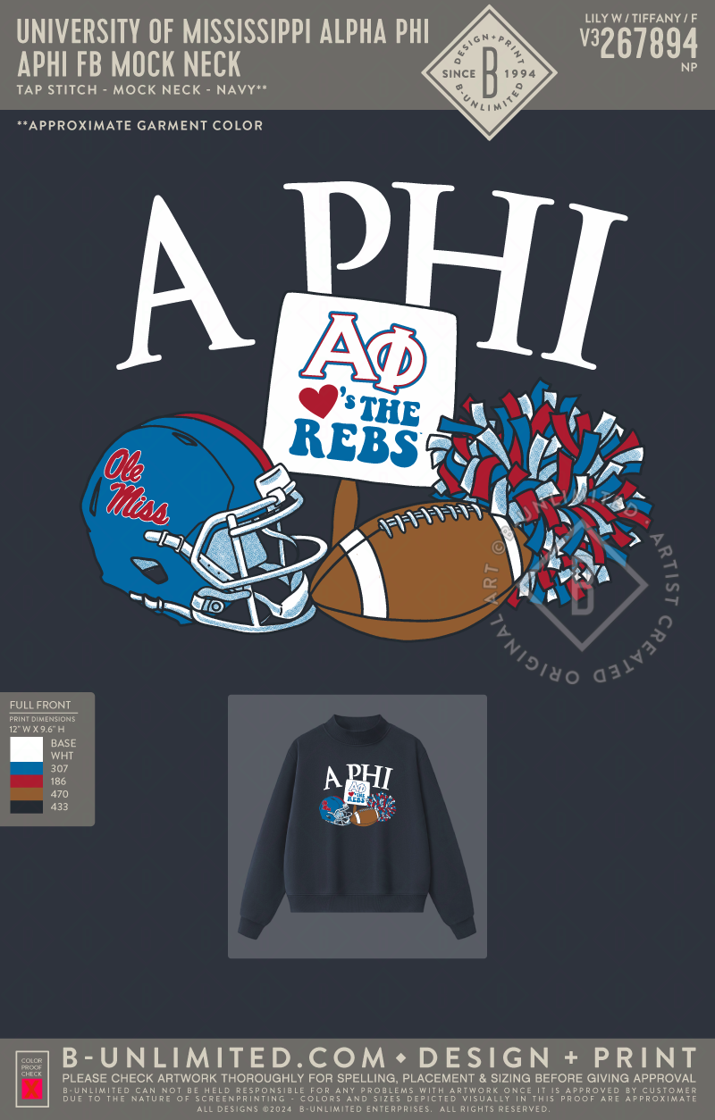 University of Mississippi Alpha Phi - APHI FB Mock Neck - Tap Stitch - WW0004-P001-V2 - Mockneck Crewneck Sweatshirt - Navy Blue