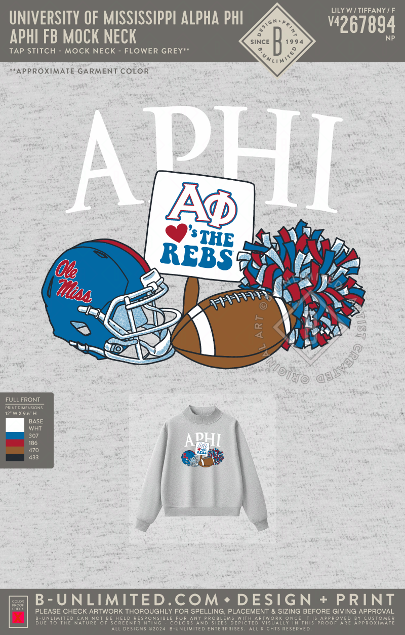 University of Mississippi Alpha Phi - APHI FB Mock Neck - Tap Stitch - WW0004-P001-V2 - Mockneck Crewneck Sweatshirt - Flower Grey