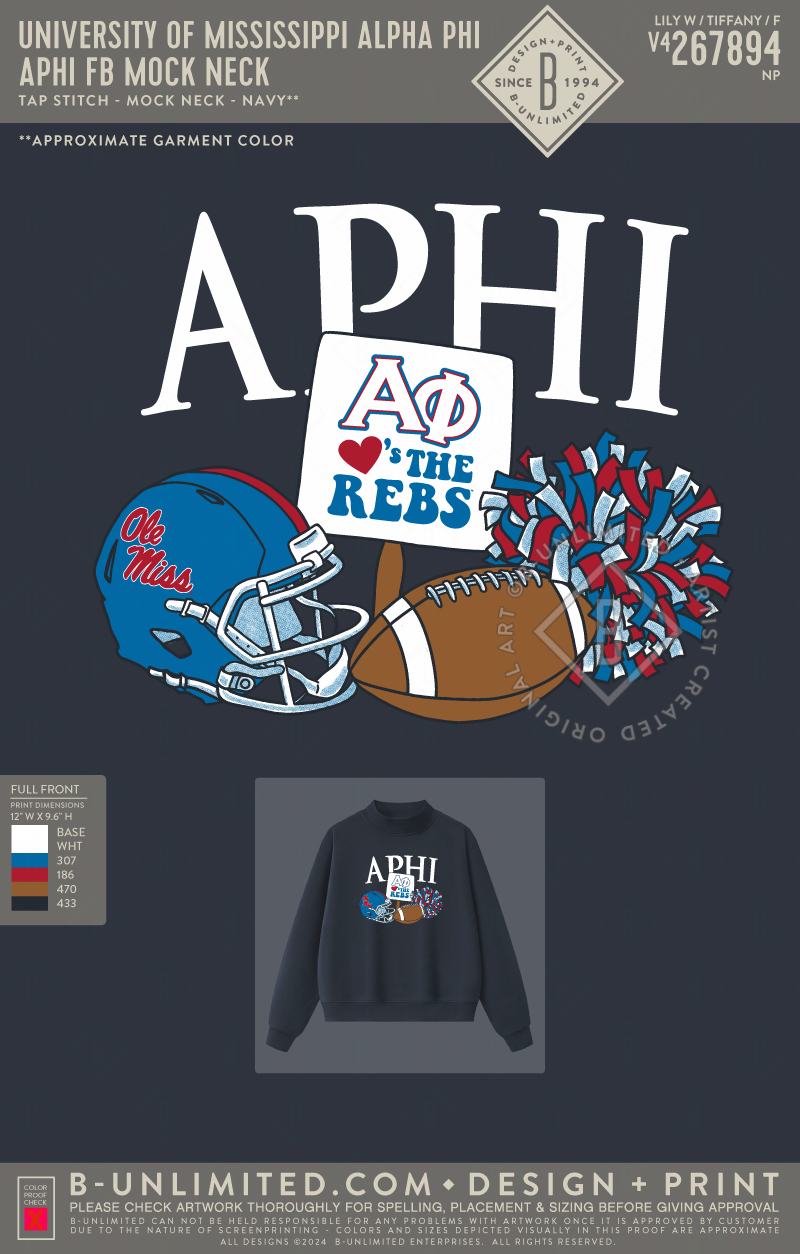 University of Mississippi Alpha Phi - APHI FB Mock Neck - Tap Stitch - WW0004-P001-V2 - Mockneck Crewneck Sweatshirt - Navy Blue