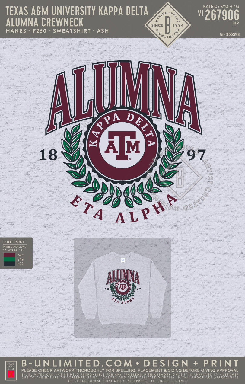 Texas A&M University Kappa Delta - Alumna Crewneck - Hanes - F260 - Sweatshirt - Ash