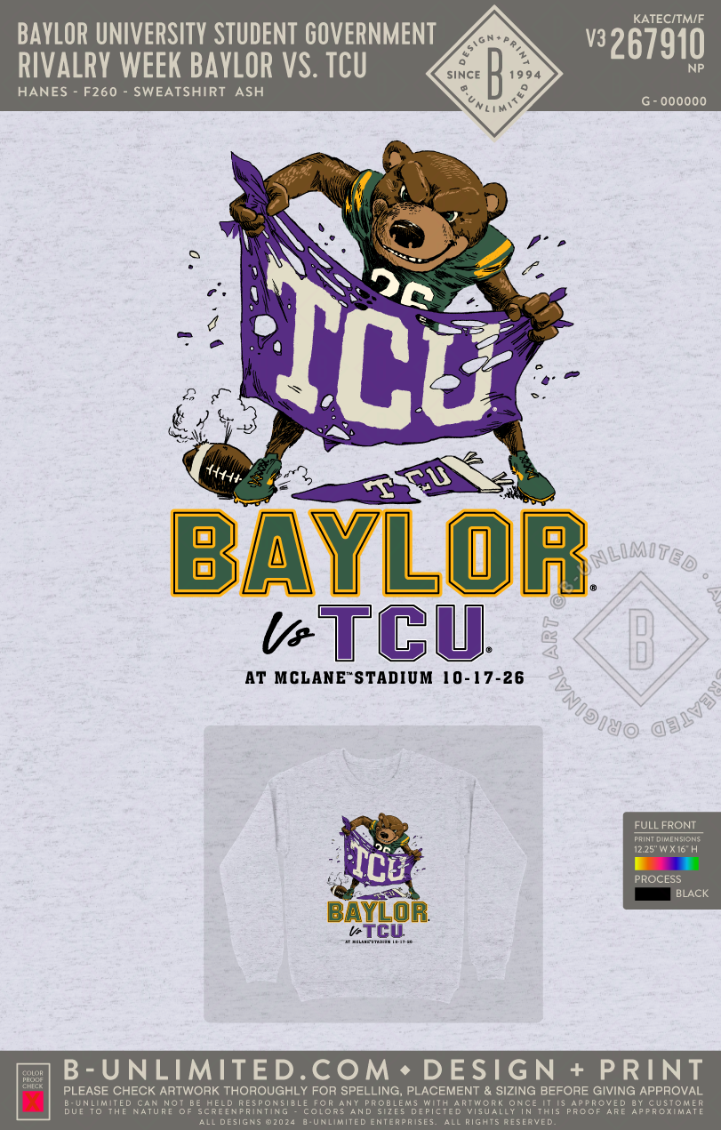 Baylor University Student Government - Rivalry Week Baylor vs. TCU Sweatshirt - Hanes - F260 - Sweatshirt - Ash