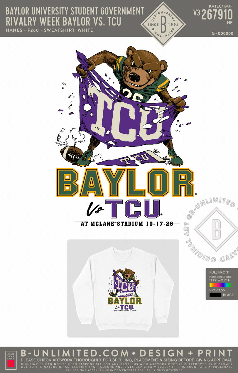 Baylor University Student Government - Rivalry Week Baylor vs. TCU Sweatshirt - Hanes - F260 - Sweatshirt - White