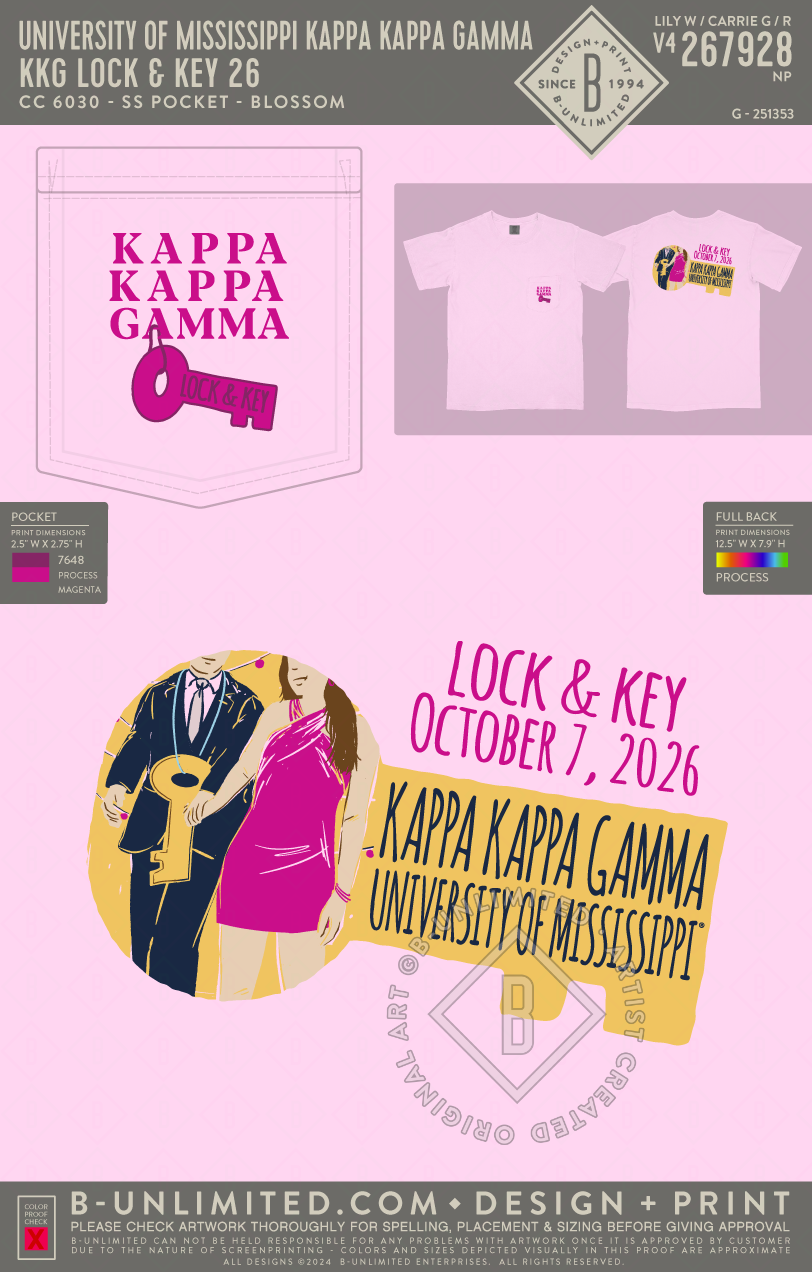 University of Mississippi Kappa Kappa Gamma - KKG Lock & Key 26 - CC - 6030 - SS Pocket - Blossom