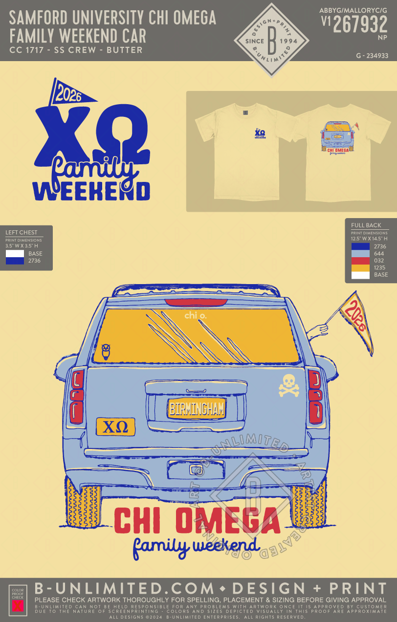 Samford University Chi Omega - Family Weekend Car - CC - 1717 - SS Crew - Butter