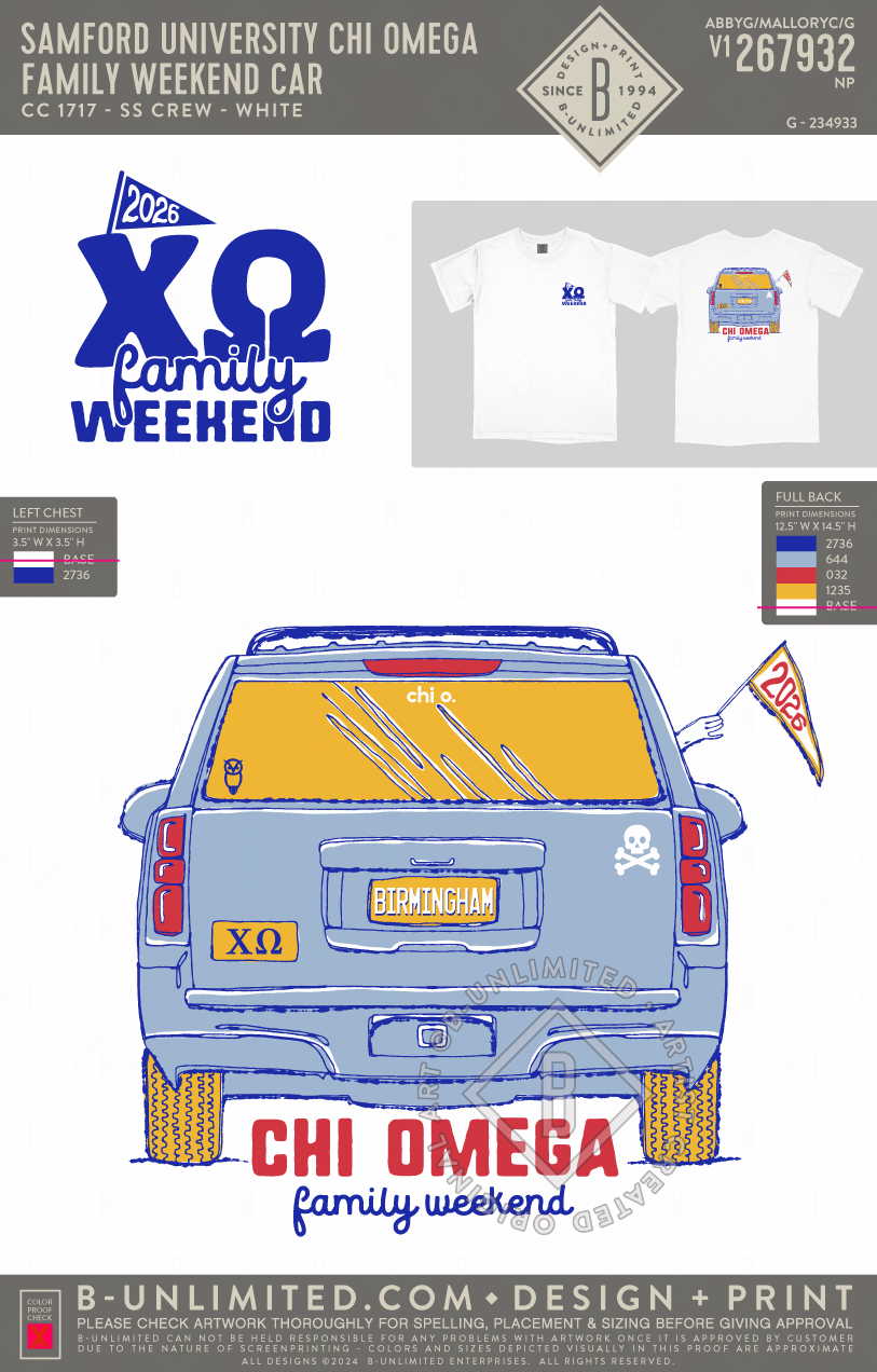 Samford University Chi Omega - Family Weekend Car - CC - 1717 - SS Crew - White
