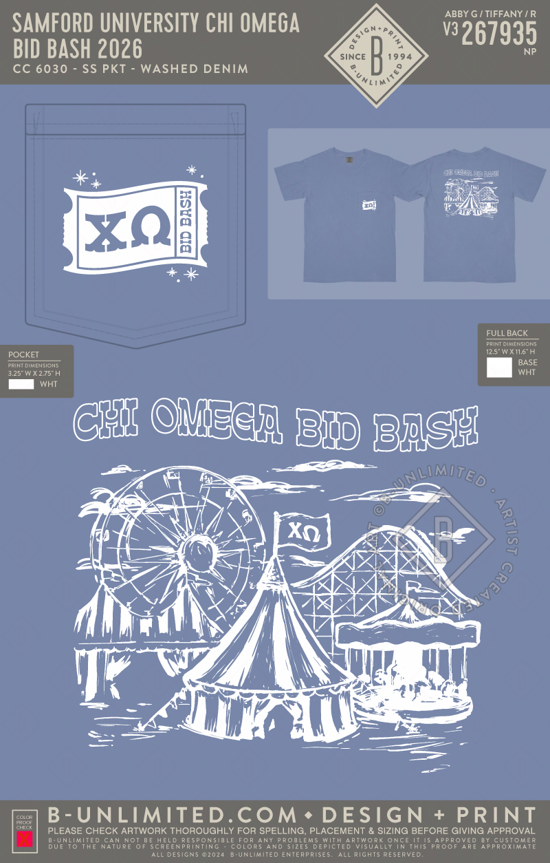Samford University Chi Omega - Bid Bash 2026 - CC - 6030 - SS Pocket - Washed Denim
