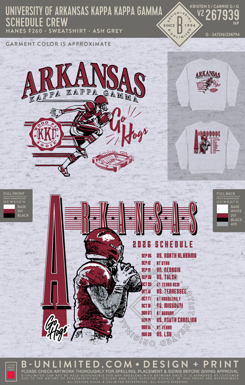 University of Arkansas Kappa Kappa Gamma - Schedule Crew - Hanes - F260 - Sweatshirt - Ash