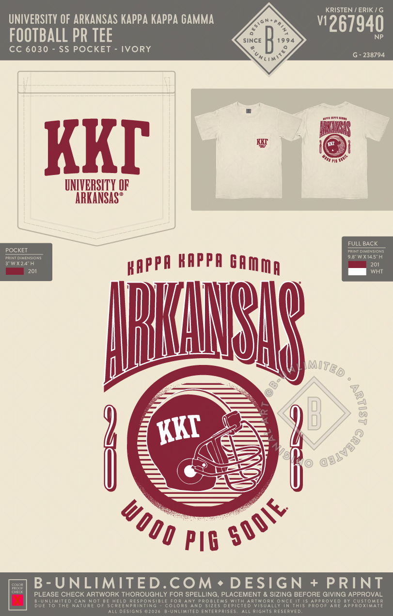 University of Arkansas Kappa Kappa Gamma - Football PR Tee - CC - 6030 - SS Pocket - Ivory