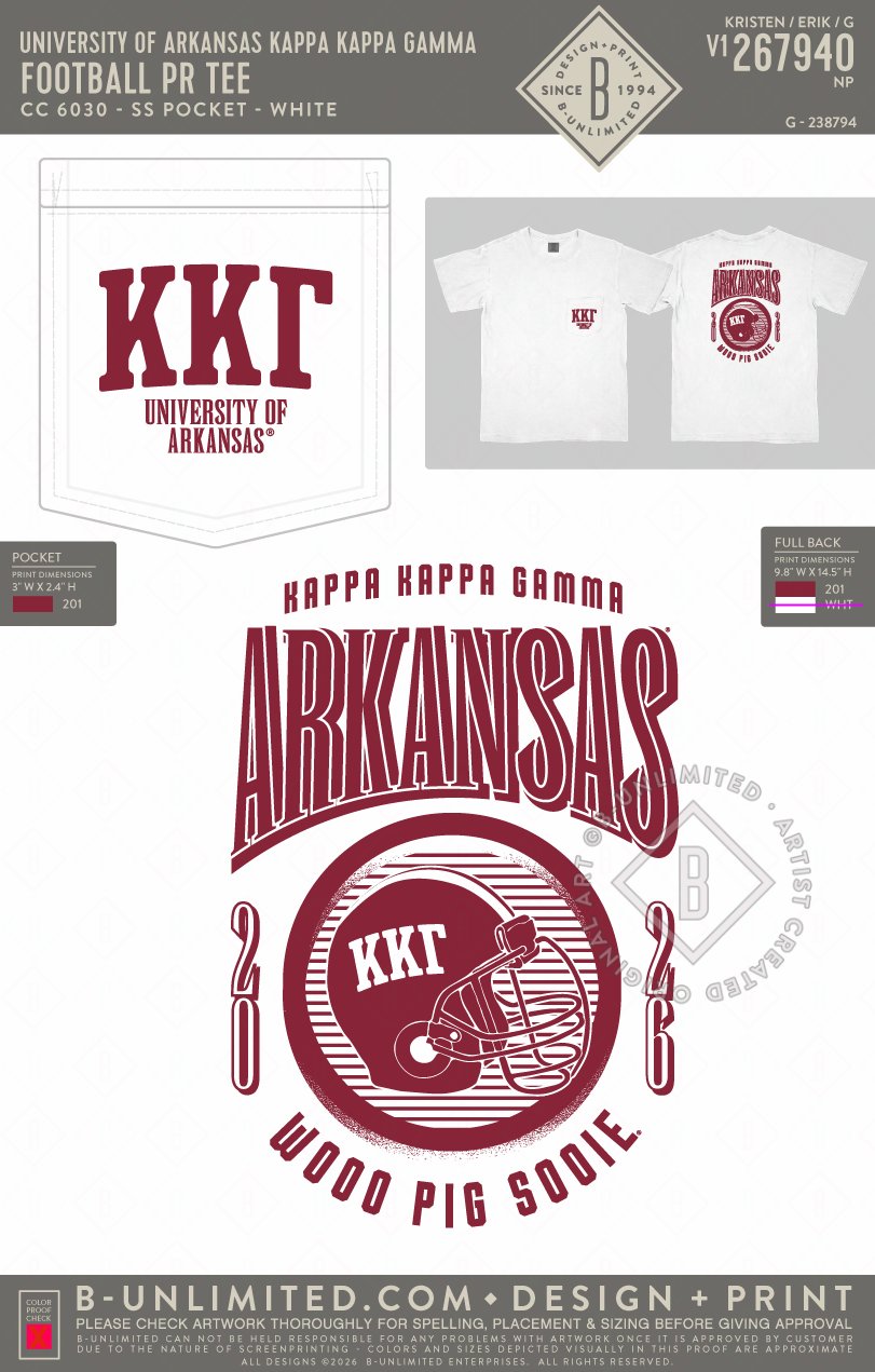 University of Arkansas Kappa Kappa Gamma - Football PR Tee - CC - 6030 - SS Pocket - White
