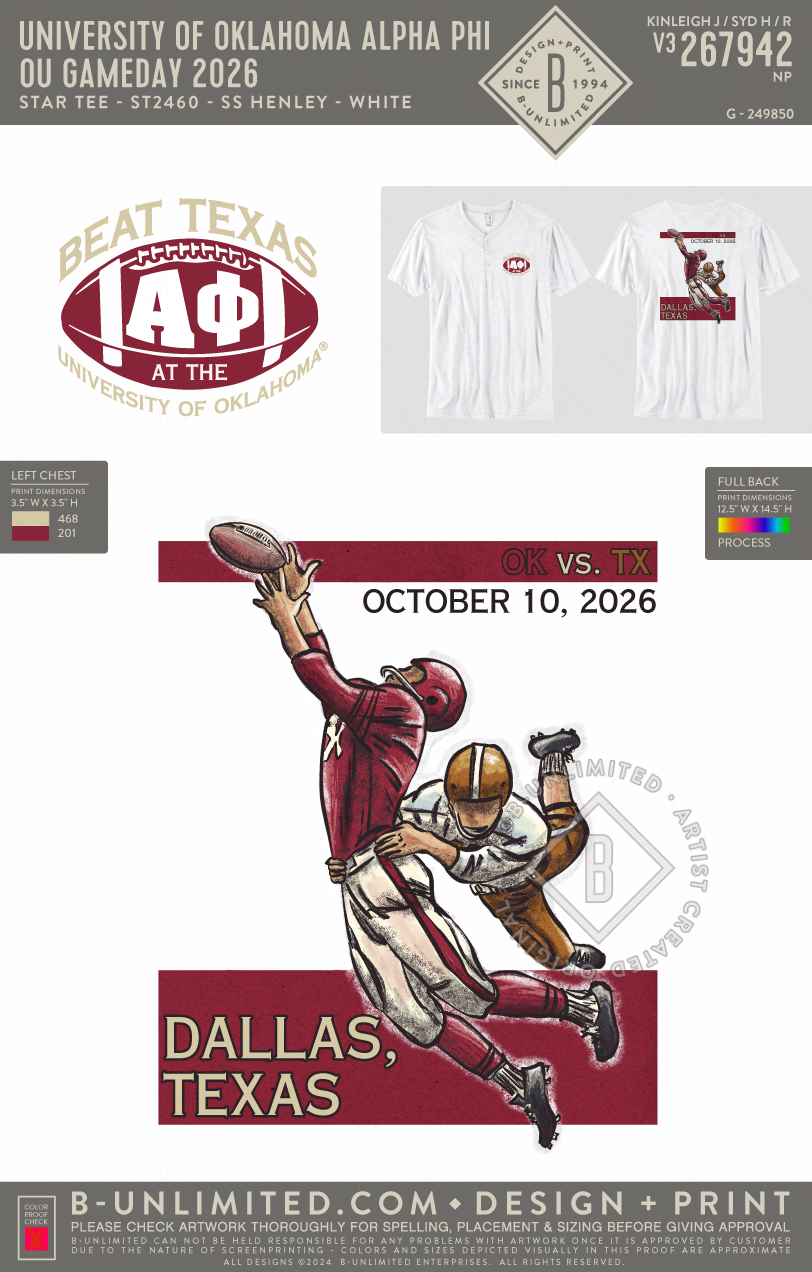 University of Oklahoma Alpha Phi - OU Gameday 2026 - Star Tee - ST2460 - SS Henley - White