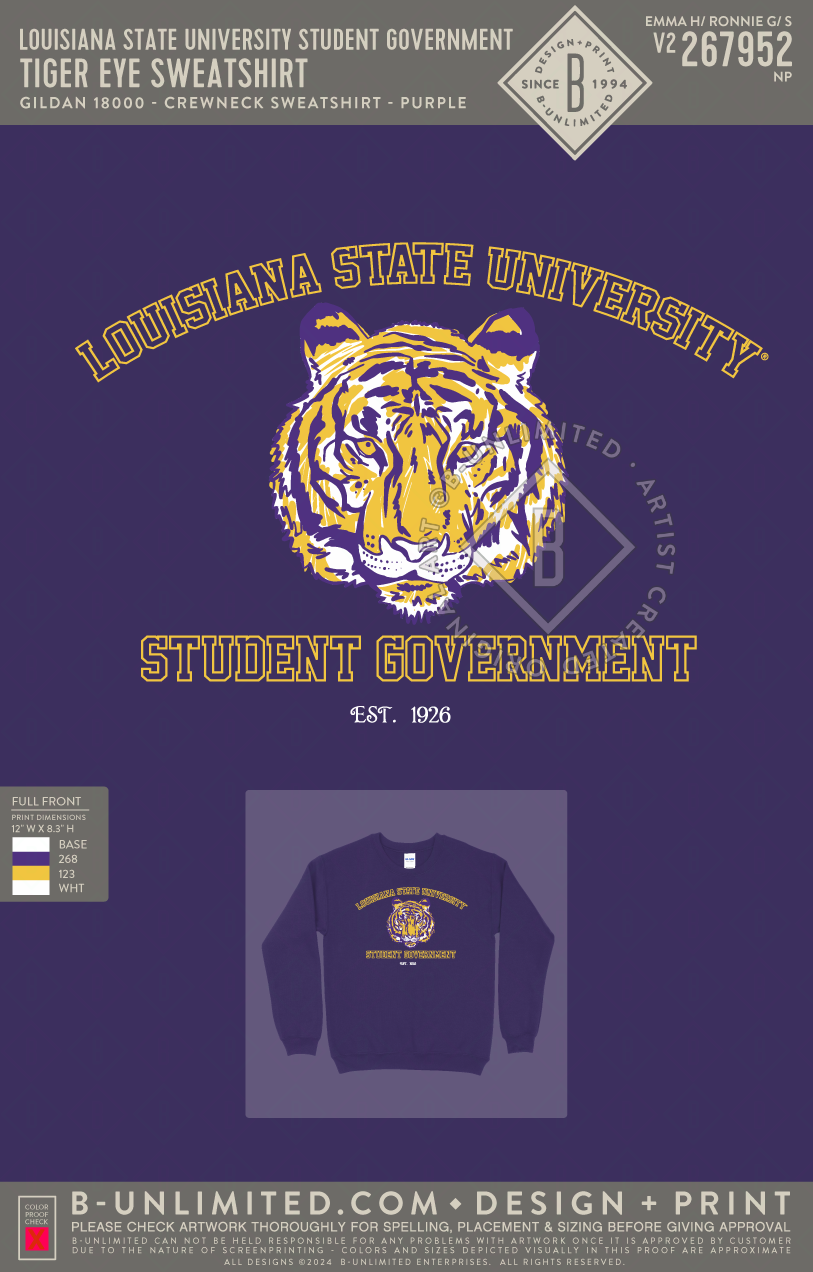 Louisiana State University Student Government - Tiger Eye Sweatshirt - Gildan - 18000 - Crewneck Sweatshirt - Purple
