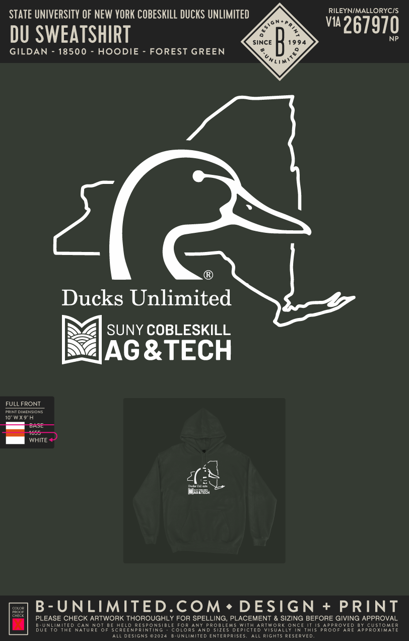 State University of New York Cobeskill Ducks Unlimited - DU Sweatshirt - Gildan - 18500 - Hoodie - Forest Green