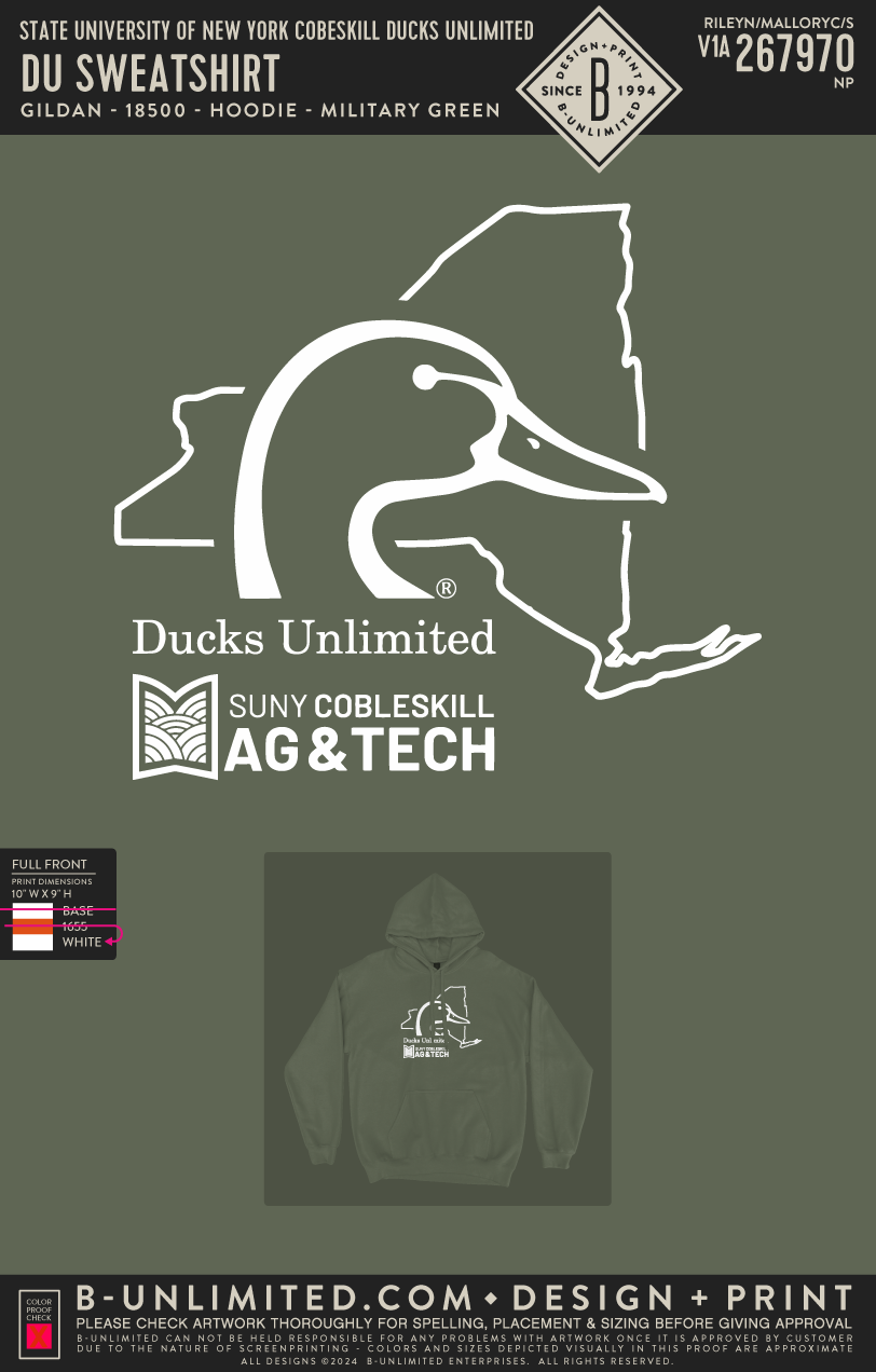 State University of New York Cobeskill Ducks Unlimited - DU Sweatshirt - Gildan - 18500 - Hoodie - Military Green