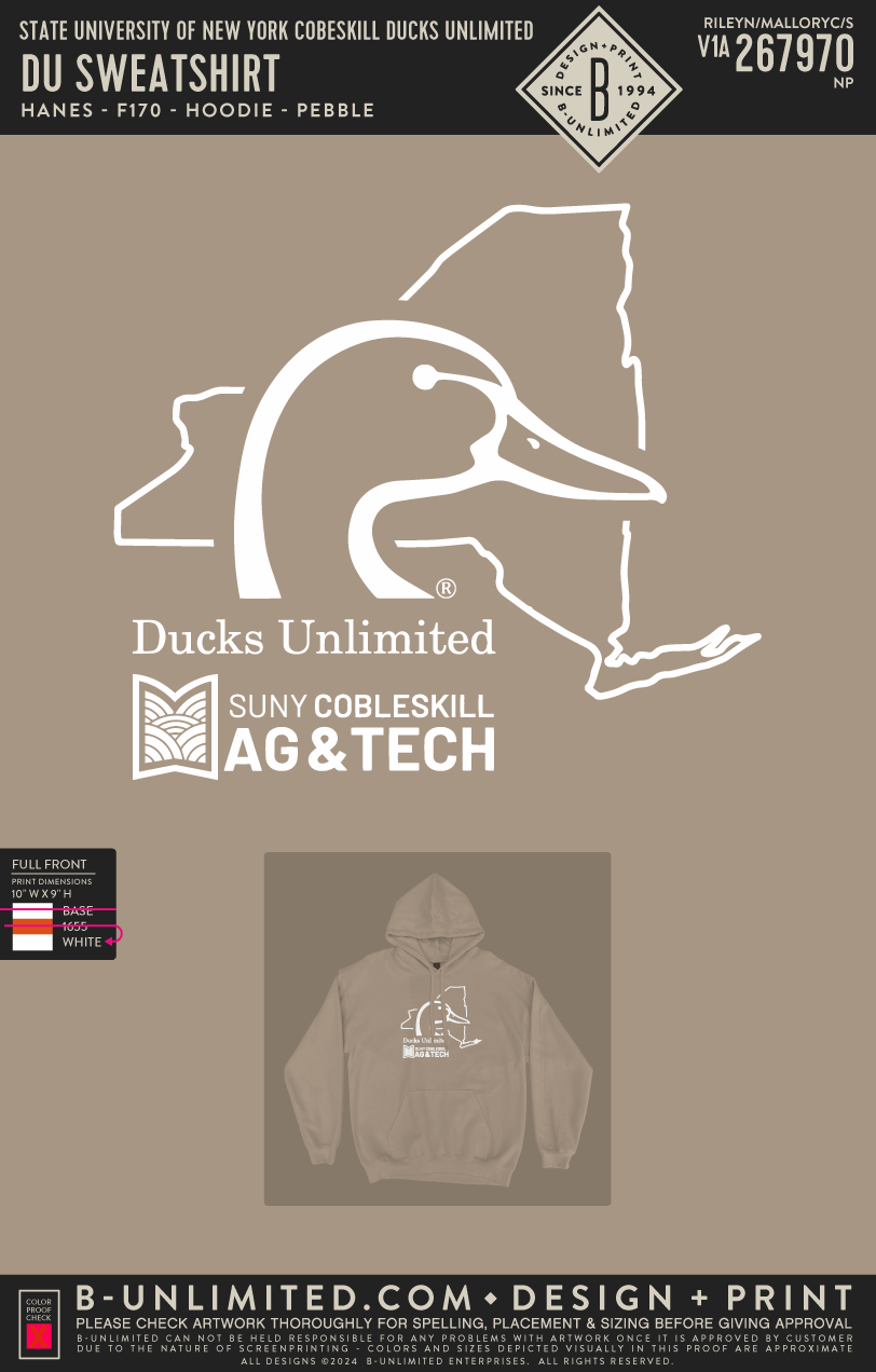State University of New York Cobeskill Ducks Unlimited - DU Sweatshirt - Hanes - F170 - Hoodie - Pebble