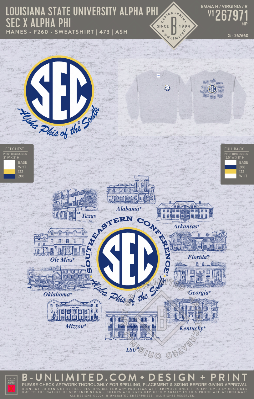 Louisiana State University Alpha Phi - SEC x Alpha Phi - Gildan - 18000 - Crewneck Sweatshirt - Ash Grey