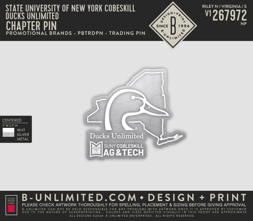 State University of New York Cobeskill Ducks Unlimited - Chapter Pin - Promotional Brands - PBTRDPN - Trading Pin - White/Silver Metal