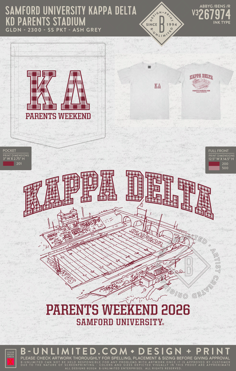 Samford University Kappa Delta - KD Parents Stadium - Gildan - 2300 - SS Pocket - Ash Grey