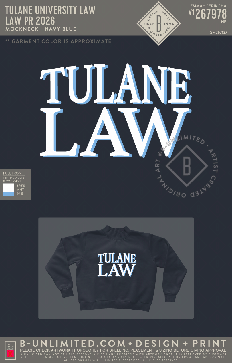 Tulane University Law - Law PR 2026 - Tap Stitch - WW0004-P001-V2 - Mockneck Crewneck Sweatshirt - Navy Blue