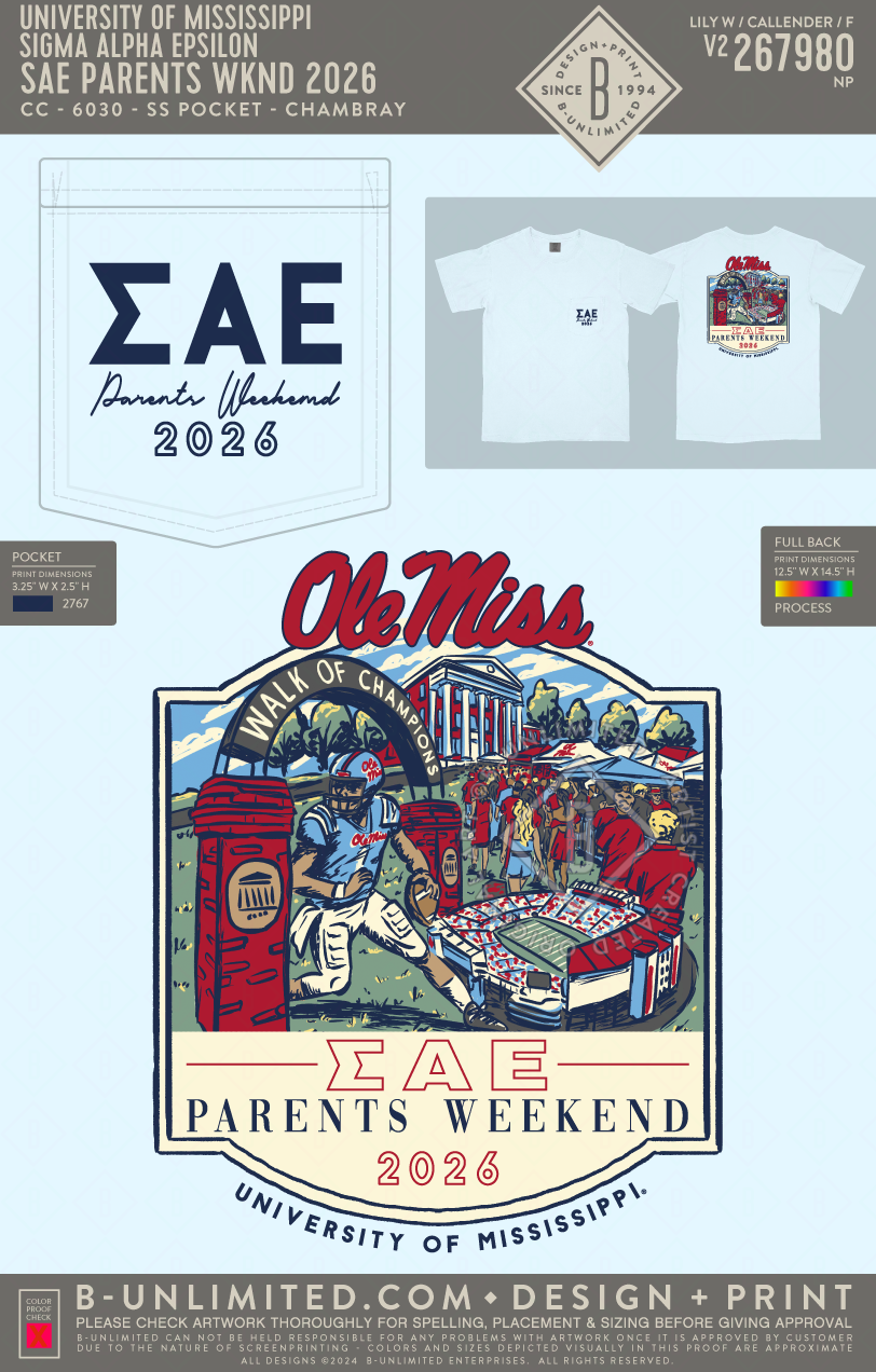 University of Mississippi Sigma Alpha Epsilon - SAE Parents WKND 2026 - CC - 6030 - SS Pocket - Chambray