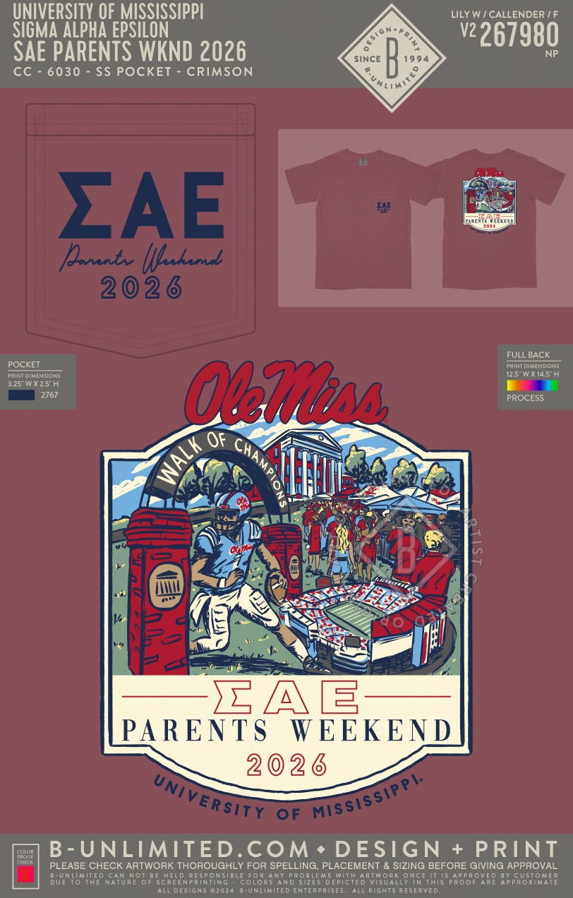 University of Mississippi Sigma Alpha Epsilon - SAE Parents WKND 2026 - CC - 6030 - SS Pocket - Crimson